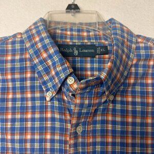 Ralph Lauren Shirt Men XL blue orange plaid chambray lined‎ button up  shacket